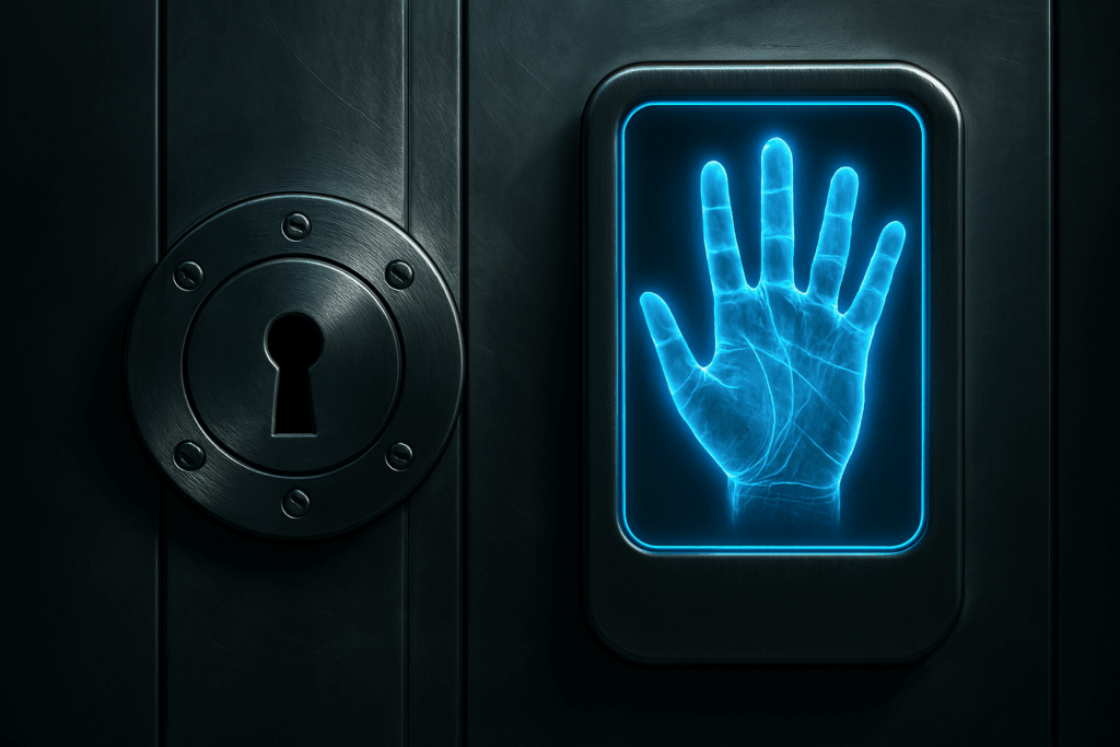 Сравнение традиционного замка с ключом и современного биометрического сканера ладони, символизирующее эволюцию технологий и безопасность в интернете.