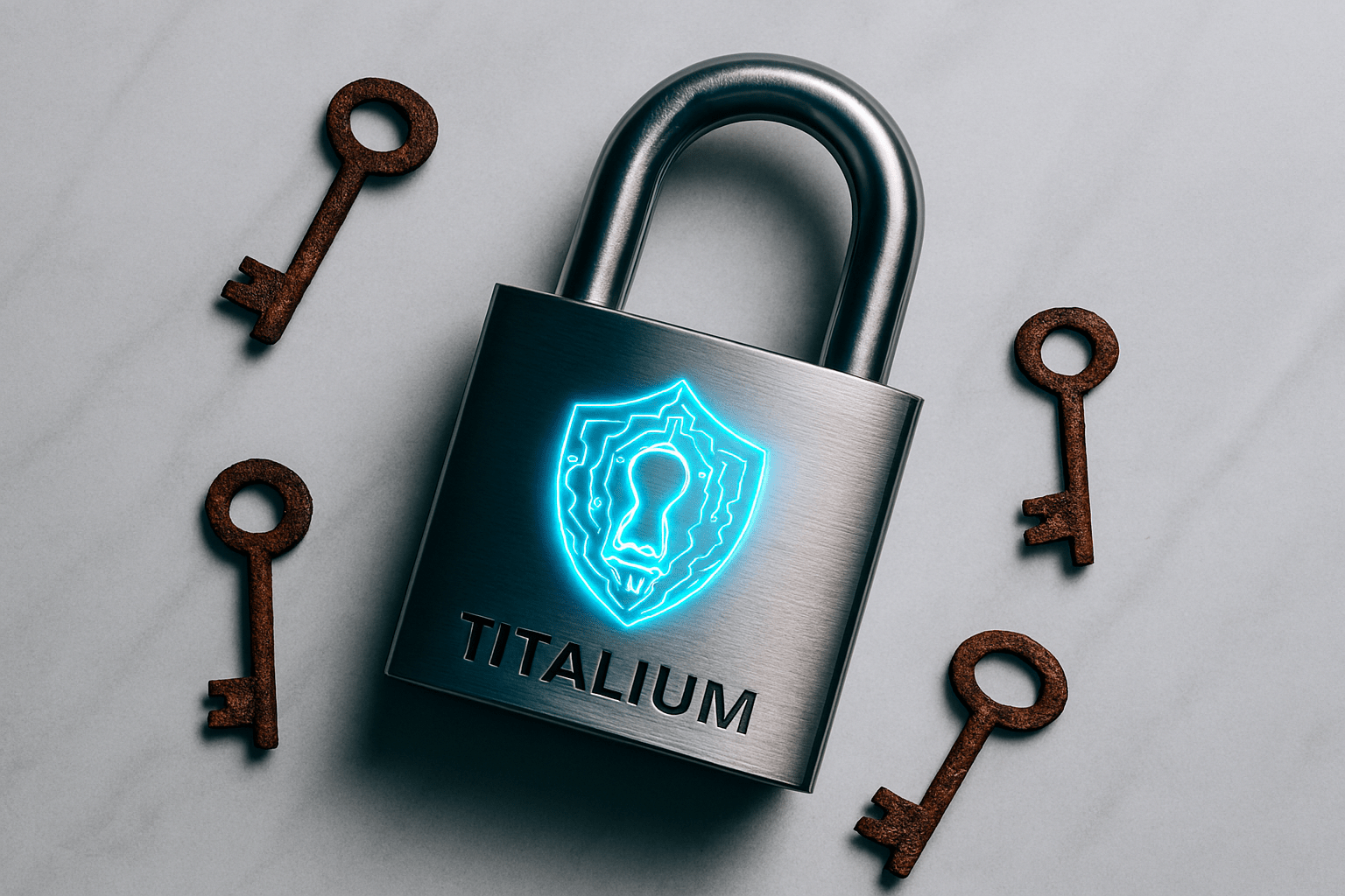 Современный металлический замок с цифровым синим щитом и ключевой прорезью, окружённый старыми ржавыми ключами на мраморной поверхности — символ контраста между традиционной защитой и безопасностью в интернете.