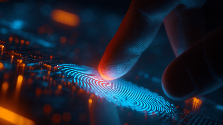 Человеческий палец прикасается к сканеру отпечатков пальцев на фоне цифровой схемы, символизируя двухфакторную аутентификацию и современные технологии защиты данных - обложка миниатюры предпросмотра