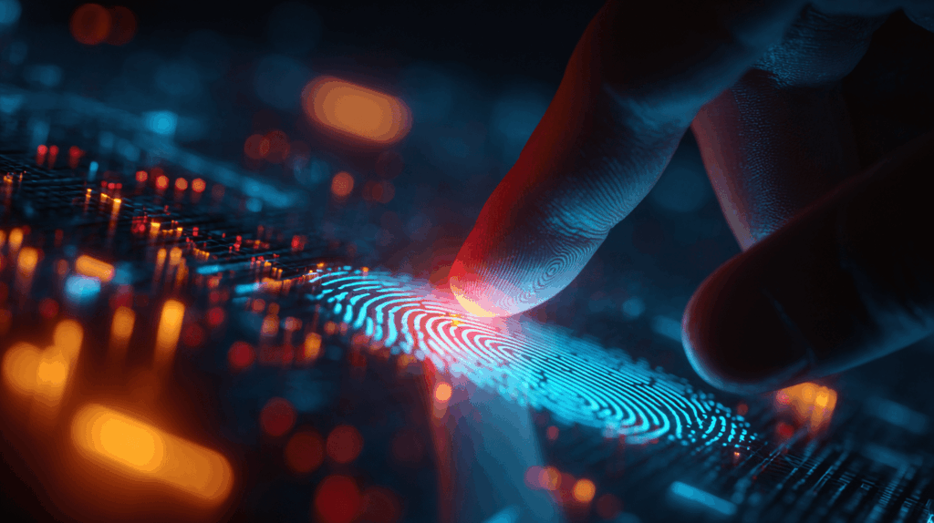 Человеческий палец прикасается к сканеру отпечатков пальцев на фоне цифровой схемы, символизируя двухфакторную аутентификацию и современные технологии защиты данных.