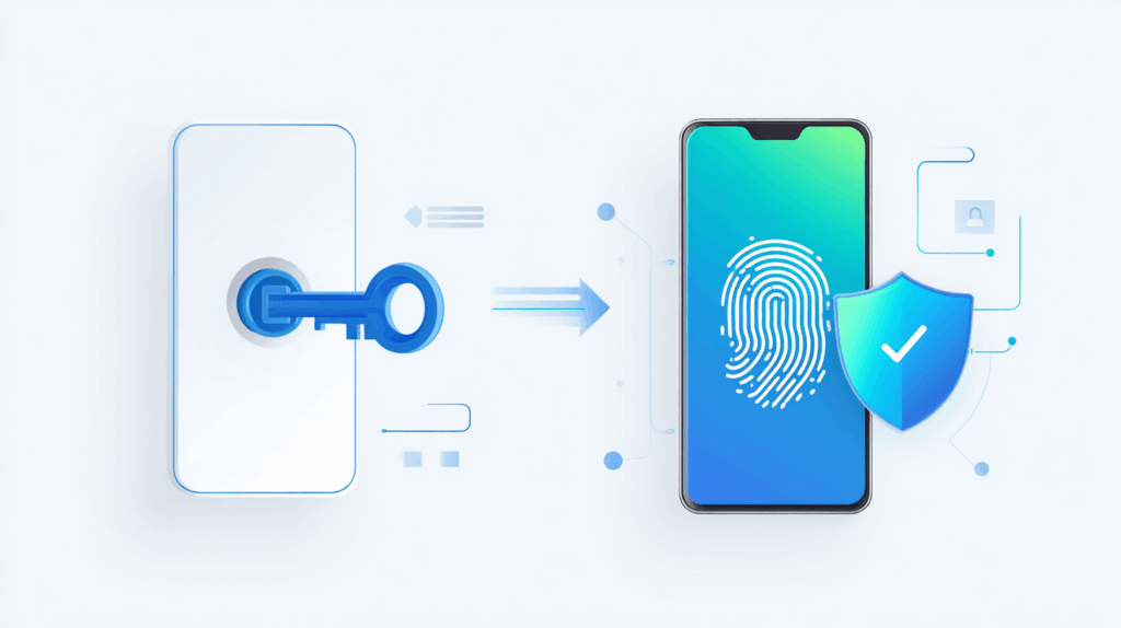 Иллюстрация процесса двухфакторной аутентификации с изображением ключа, смартфона с отпечатком пальца и щита безопасности