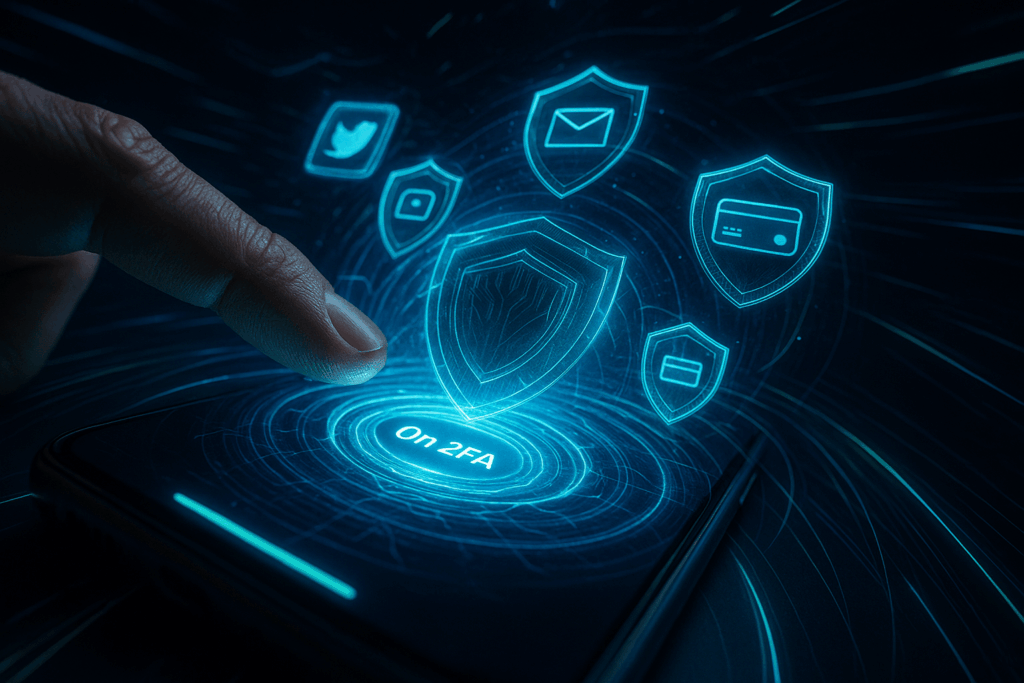 Иллюстрация активации двухфакторной аутентификации на смартфоне с пальцем, нажимающим кнопку "On 2FA", окруженная защищенными иконками аккаунтов