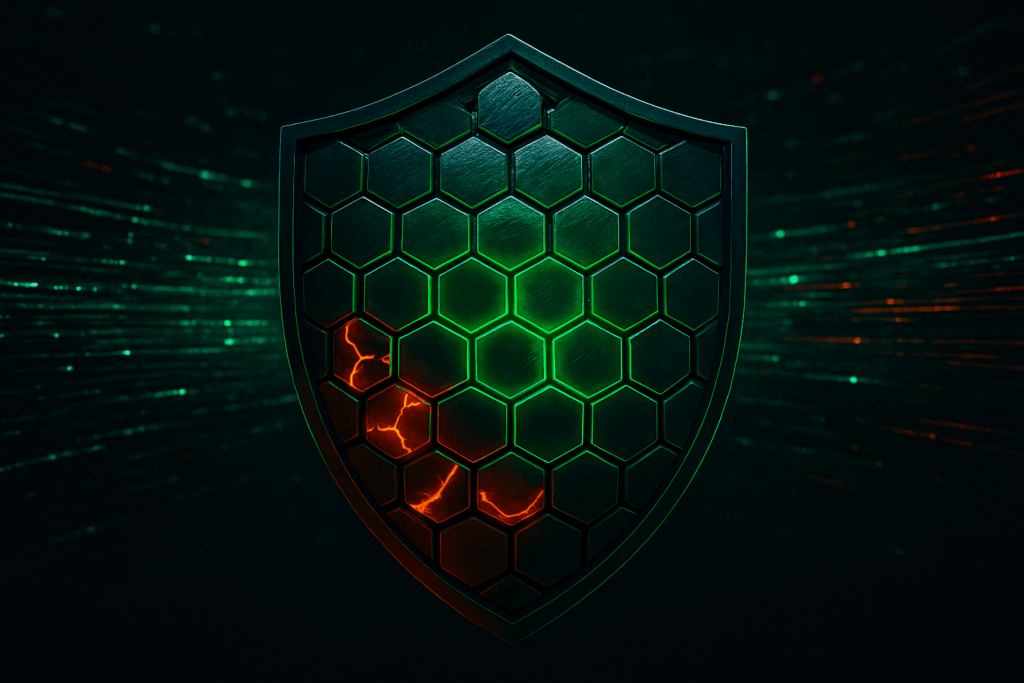 Цифровой щит из гексагональных ячеек с зелёным свечением и красной трещиной, символизирующий безопасность в интернете и уязвимость системы.