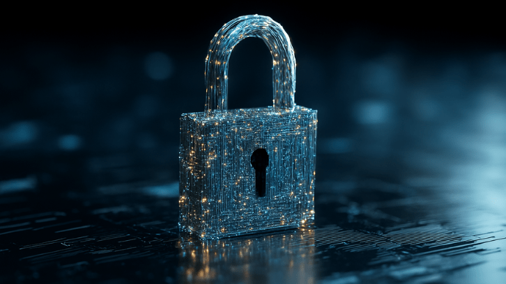 Цифровой замок, сформированный из светящихся частиц и схем, символизирует надёжность и защиту, обеспечиваемую генератором надежных паролей. Визуальное воплощение кибербезопасности и современных технологий шифрования