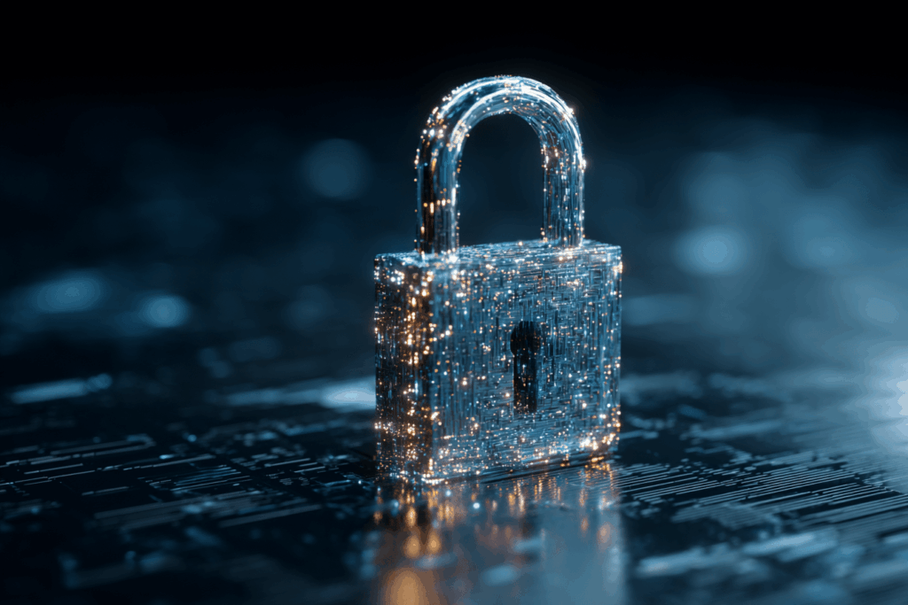 Цифровой замок, сформированный из светящихся частиц и схем, символизирует надёжность и защиту, обеспечиваемую генератором паролей. Визуальное воплощение кибербезопасности и современных технологий шифрования.