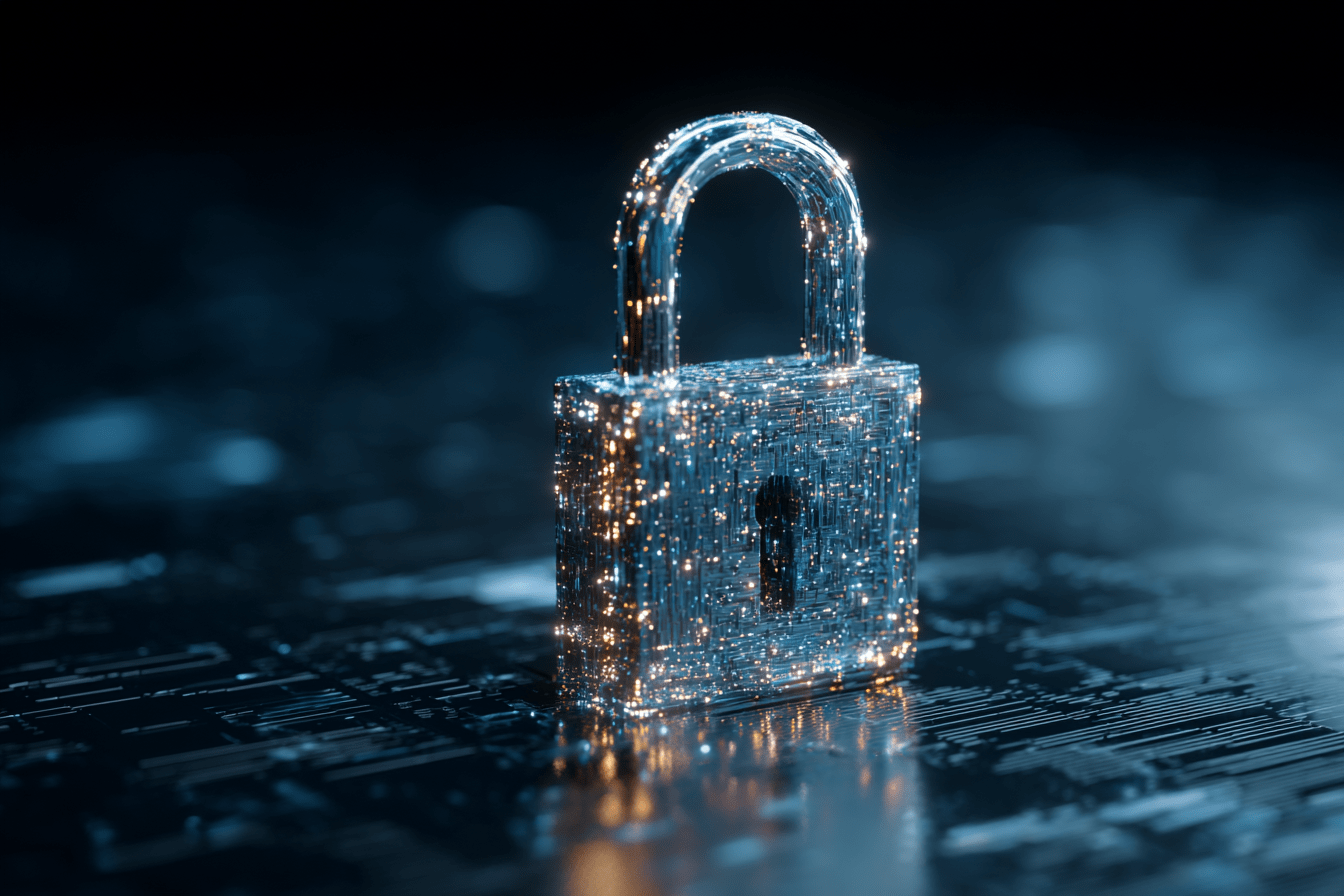 Цифровой замок, сформированный из светящихся частиц и схем, символизирует надёжность и защиту, обеспечиваемую генератором паролей. Визуальное воплощение кибербезопасности и современных технологий шифрования.