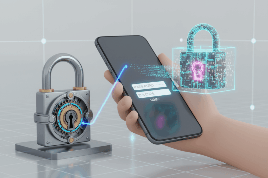 Иллюстрация двухфакторной аутентификации (2FA): Два замка (физический и цифровой), расположенные перед экраном телефона с полем ввода кода. Символ надежной базовой защиты аккаунта.