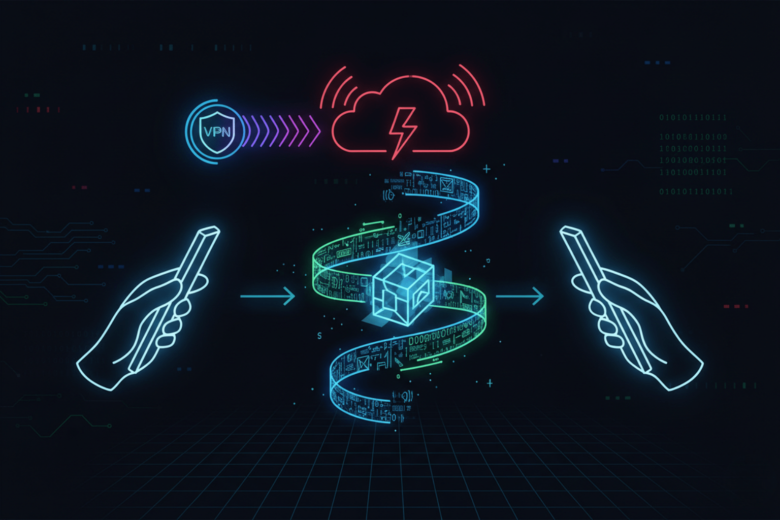 Концепция сквозного шифрования (End-to-End Encryption): Сообщение, завернутое в кодовую ленту, летит между двумя телефонами. Над ними — иконка VPN, защищающая от незащищенного публичного Wi-Fi.