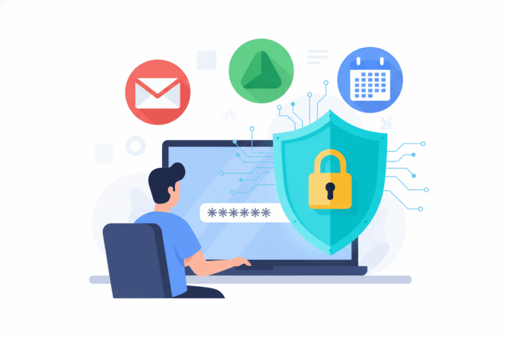 генерация сложного пароля для защиты Google аккаунта, человек вводит пароль на фоне иконок сервисов Google, символы замка и щита