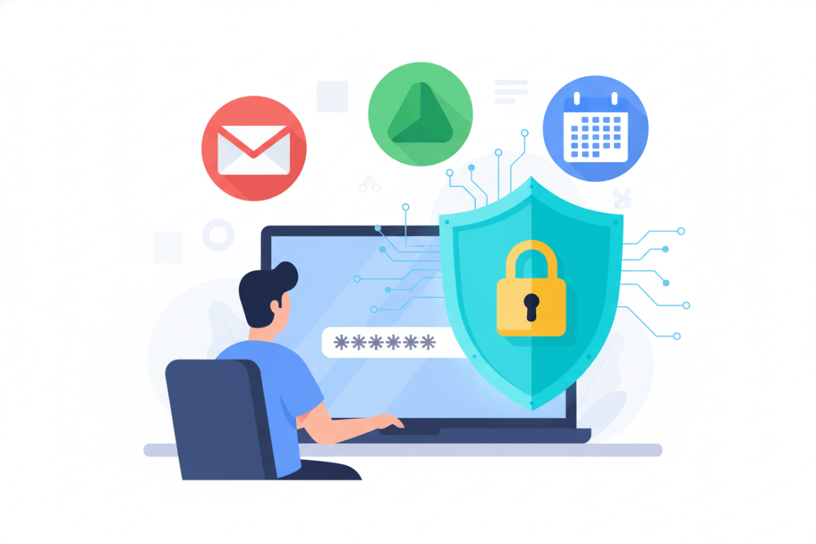 генерация сложного пароля для защиты Google аккаунта, человек вводит пароль на фоне иконок сервисов Google, символы замка и щита