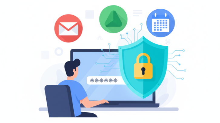 генерация сложного пароля для защиты Google аккаунта, человек вводит пароль на фоне иконок сервисов Google, символы замка и щита